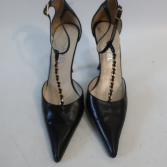 Authentic Chanel Black Pointy Leather Chain Link T-Strap Heels 39.5 US/9.5 - Picture 1 of 16